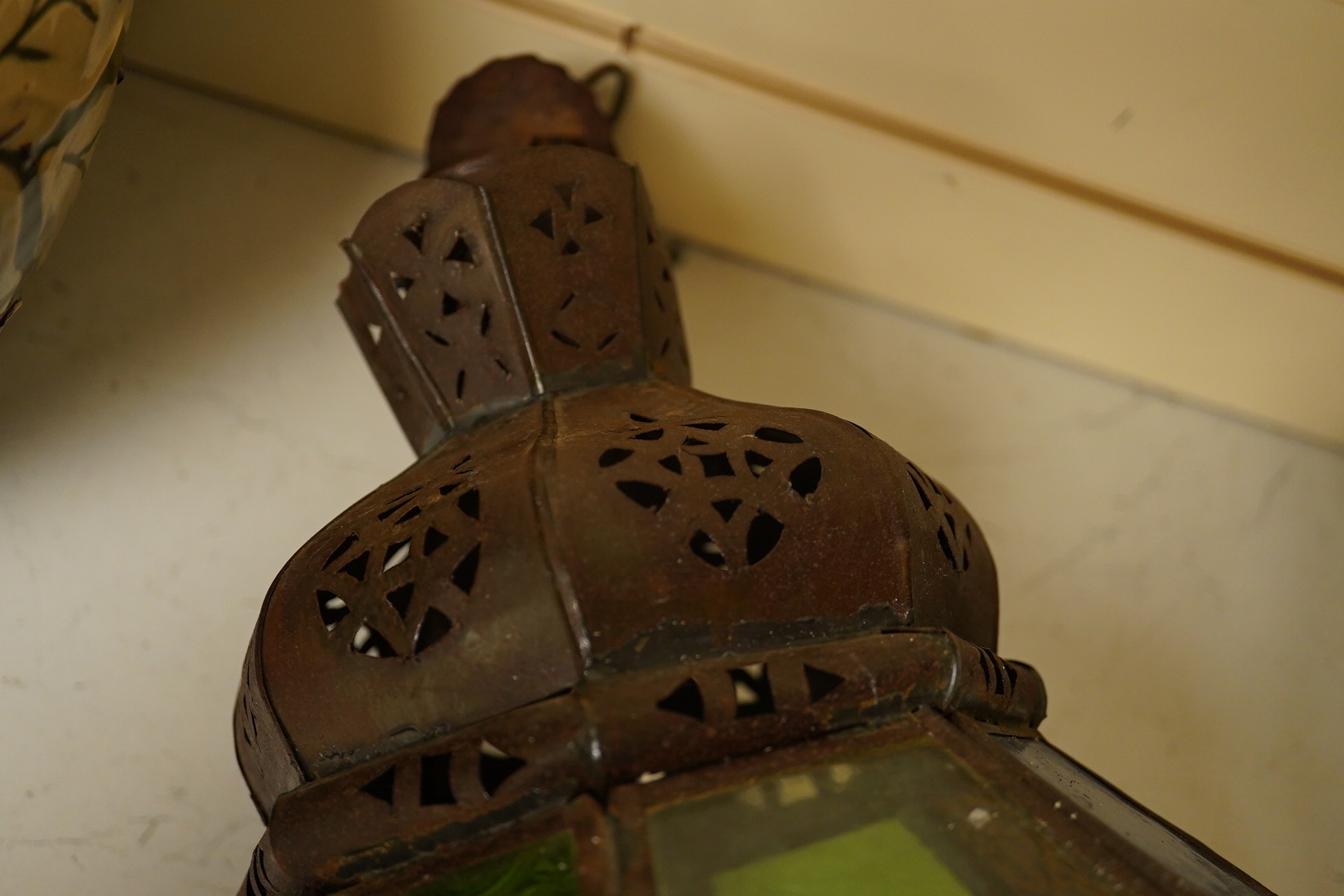 A Moorish coloured glass and tinplate lantern, 50cm high. Condition - poor